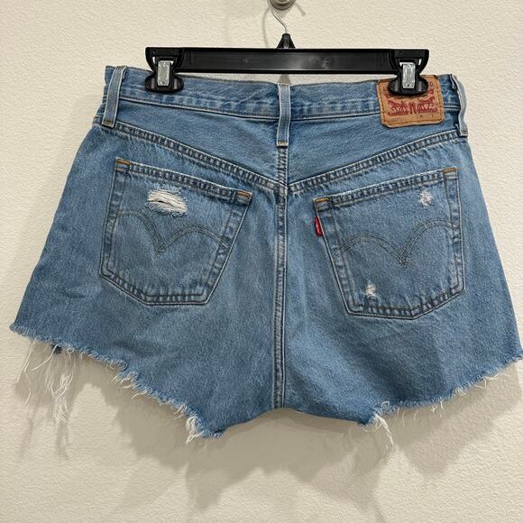 Levis 501 Jean Shorts Womens 29 Blue Medium Wash High Rise Button Stretch Denim - Picture 2 of 8